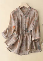 New Yellow Peter Pan Collar Patchwork Cotton Shirt Tops Bracelet Sleeve