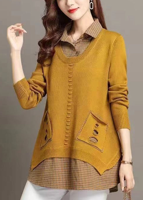New Yellow Peter Pan Collar Plaid Patchwork Knit Sweater Fall