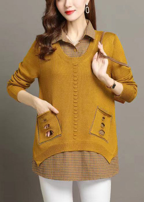 New Yellow Peter Pan Collar Plaid Patchwork Knit Sweater Fall