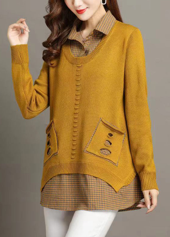 New Yellow Peter Pan Collar Plaid Patchwork Knit Sweater Fall