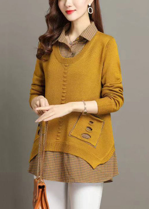 New Yellow Peter Pan Collar Plaid Patchwork Knit Sweater Fall