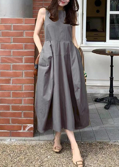 New Yellow Pockets Solid Cotton Long Dresses Sleeveless