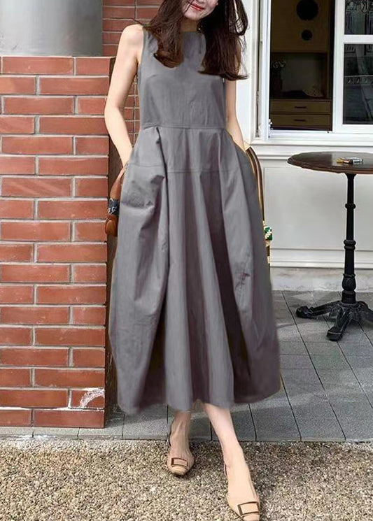 New Yellow Pockets Solid Cotton Long Dresses Sleeveless