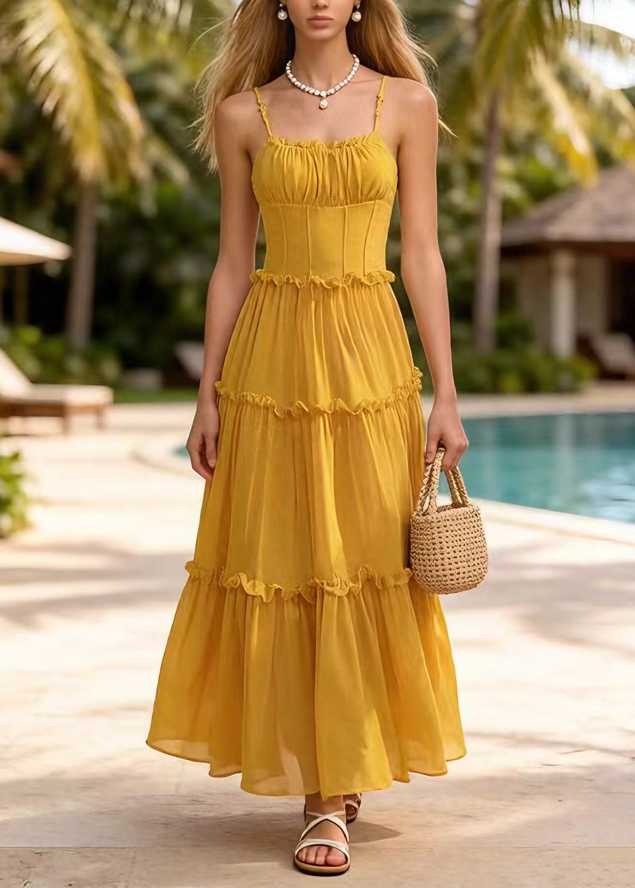 New Yellow Ruffled Patchwork Chiffon Spaghetti Strap Dress Summer