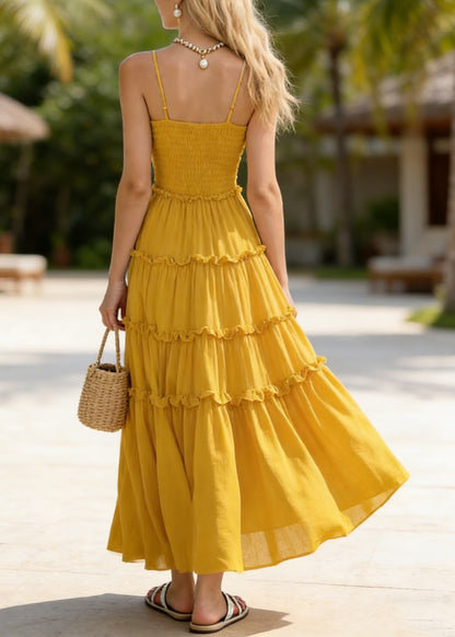 New Yellow Ruffled Patchwork Chiffon Spaghetti Strap Dress Summer