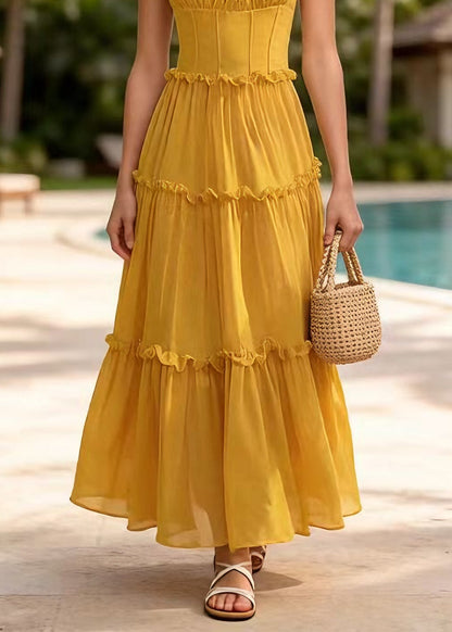 New Yellow Ruffled Patchwork Chiffon Spaghetti Strap Dress Summer