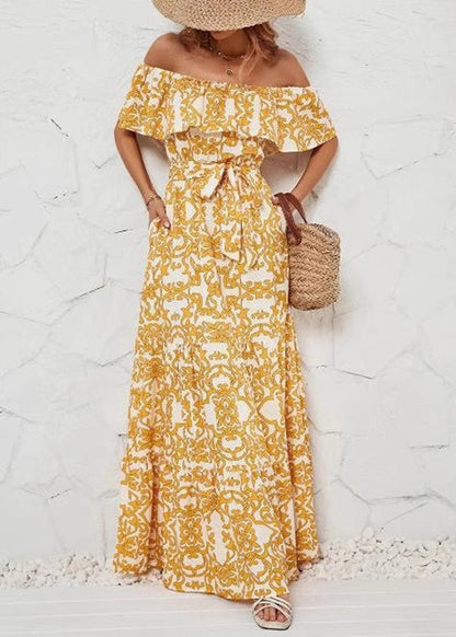 New Yellow Slash Neck Print Tie Waist Cotton Long Dress Summer