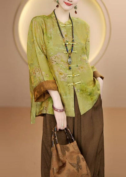 New Yellow Stand Collar Print Chinese Button Silk Cardigan Fall