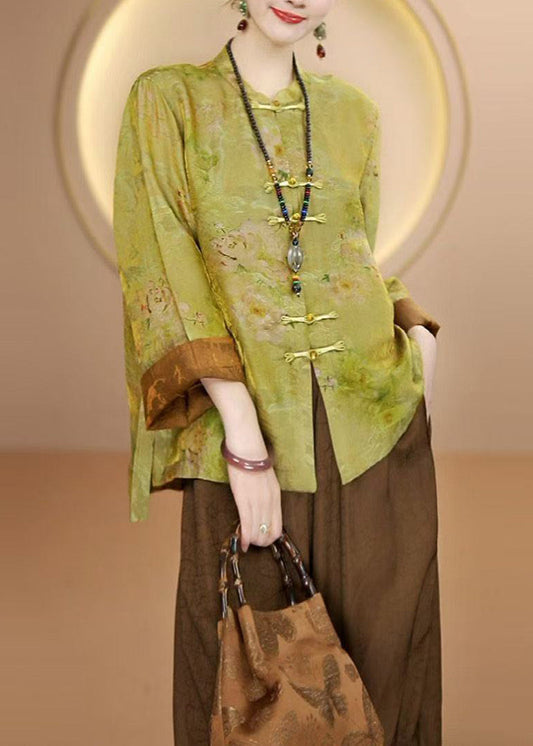 New Yellow Stand Collar Print Chinese Button Silk Cardigan Fall