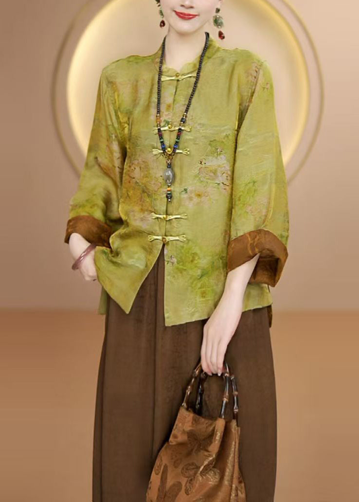 New Yellow Stand Collar Print Chinese Button Silk Cardigan Fall