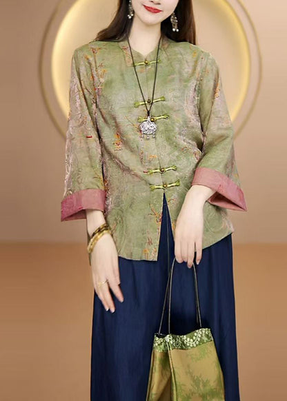 New Yellow Stand Collar Print Chinese Button Silk Cardigan Fall