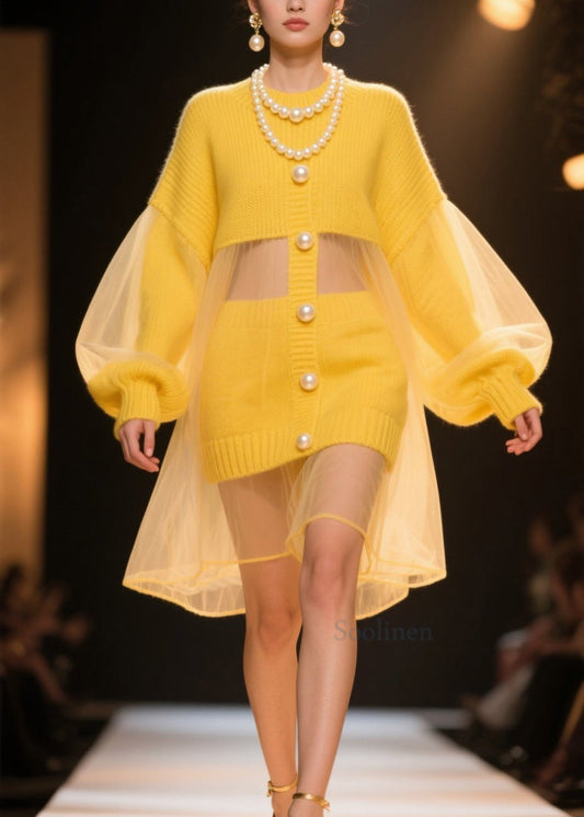 New Yellow Tulle Patchwork Knit Sweater Dress Lantern Sleeve