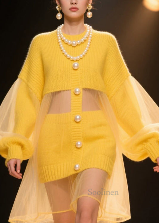 New Yellow Tulle Patchwork Knit Sweater Dress Lantern Sleeve