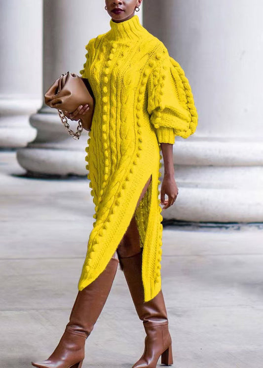 New Yellow Turtleneck Side Open Cable Knit Long Sweater Dress Bracelet Sleeve