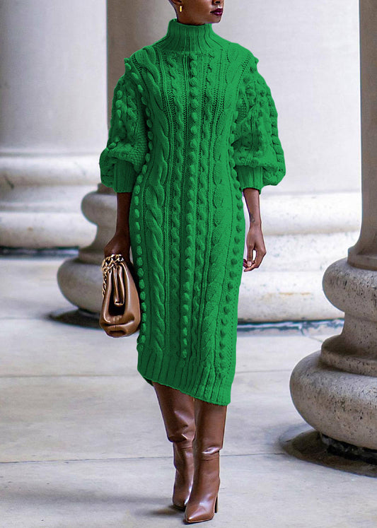 New Yellow Turtleneck Side Open Cable Knit Long Sweater Dress Bracelet Sleeve