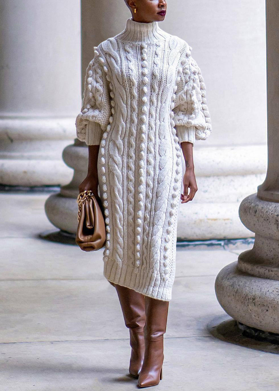 New Yellow Turtleneck Side Open Cable Knit Long Sweater Dress Bracelet Sleeve