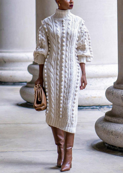 New Yellow Turtleneck Side Open Cable Knit Long Sweater Dress Bracelet Sleeve