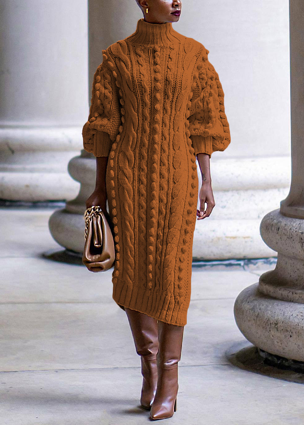 New Yellow Turtleneck Side Open Cable Knit Long Sweater Dress Bracelet Sleeve