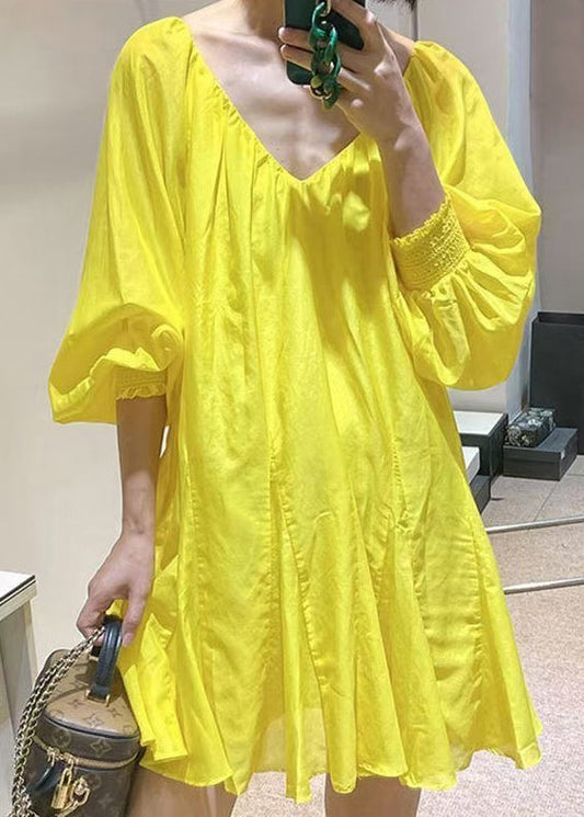 New Yellow V Neck Lace Up Solid Cotton Mini Dress Spring