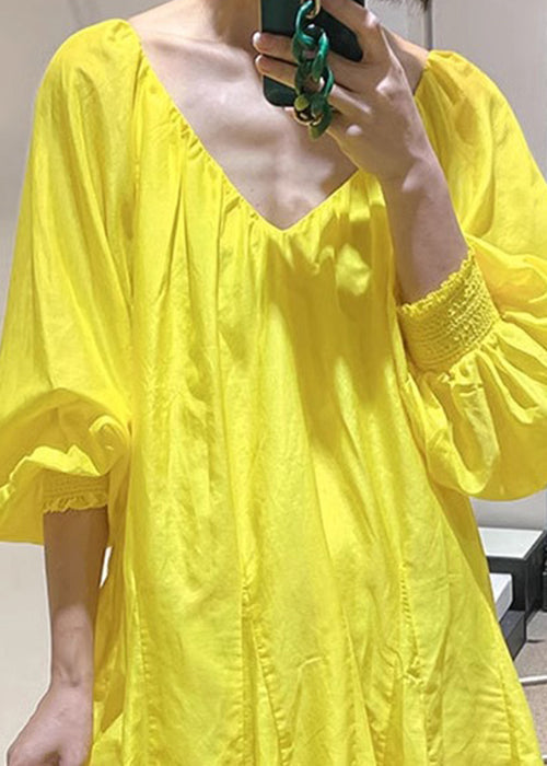 New Yellow V Neck Lace Up Solid Cotton Mini Dress Spring