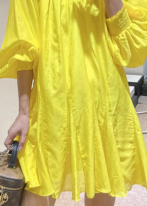 New Yellow V Neck Lace Up Solid Cotton Mini Dress Spring