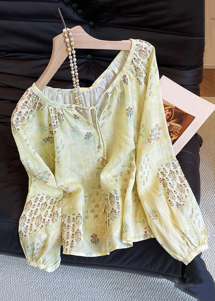 New Yellow V Neck Print Lace Up Cotton Blouse Tops Fall