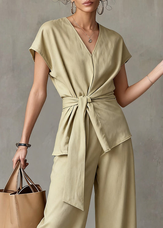 New Yellow V Neck Tie Waist Tops And Wide Leg Pants Linen Two Pieces Set Summer
