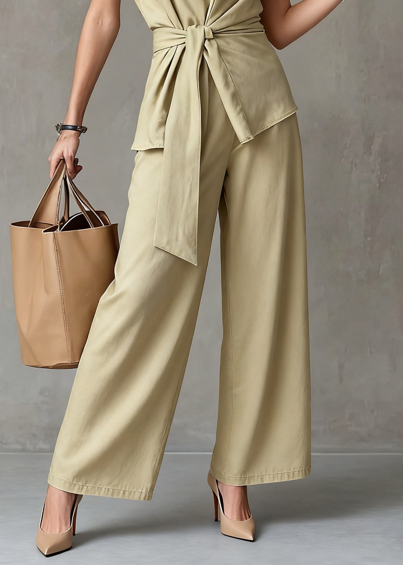 New Yellow V Neck Tie Waist Tops And Wide Leg Pants Linen Two Pieces Set Summer
