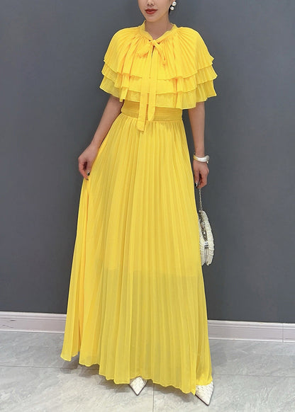 New Yellow Wrinkled Lace Up Chiffon Cape Dresses Summer