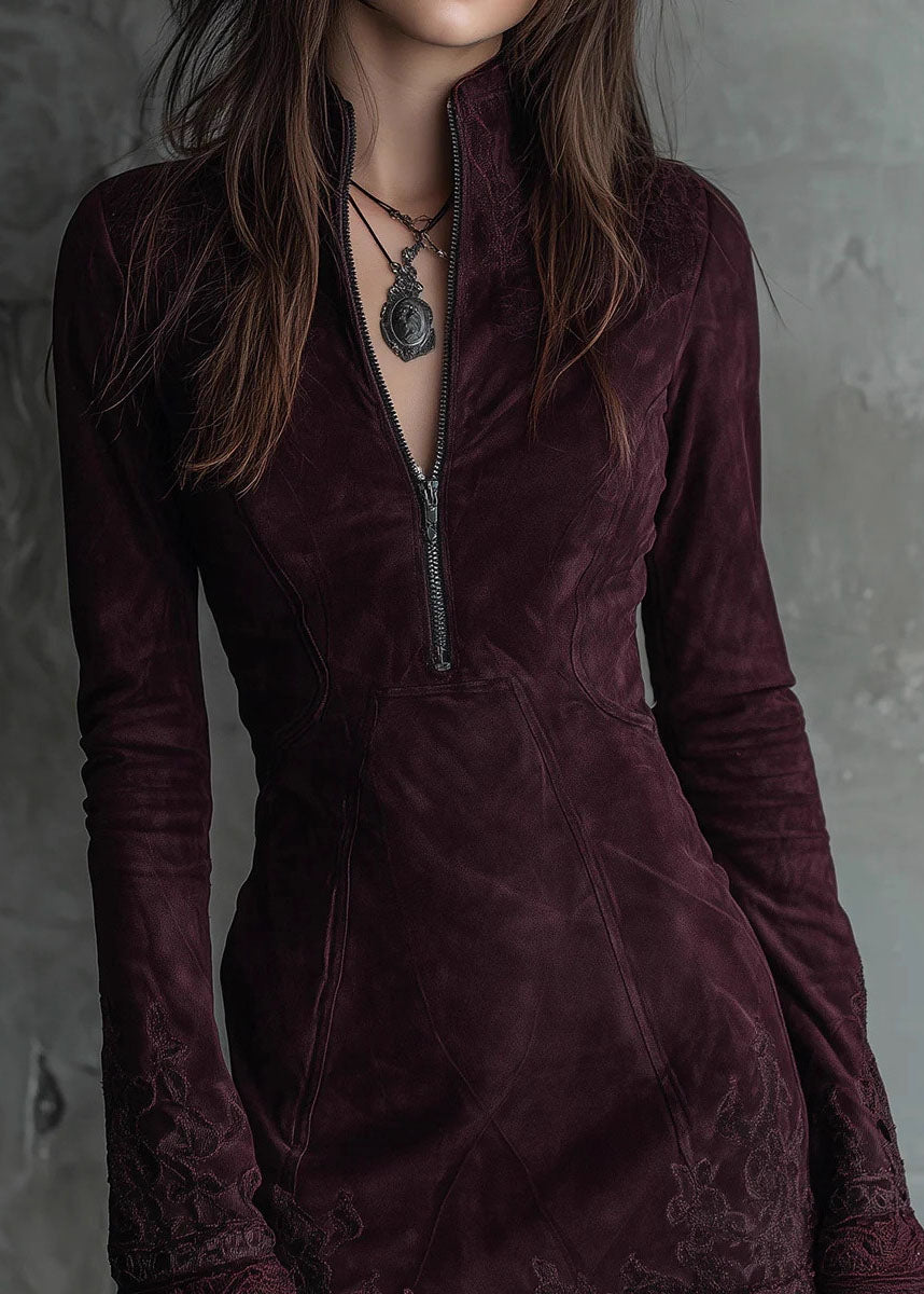 New Zip Up Embroidered Lace Faux Suede Mid Dresses Fall