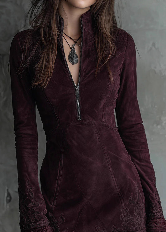 New Zip Up Embroidered Lace Faux Suede Mid Dresses Fall