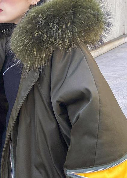 New army green overcoat plus size snow jackets hooded faux fur collar winter outwear - SooLinen