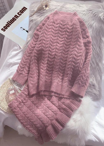 New autumn and winter retro mahogany Khaki sweater women's suit skirt two piece set - SooLinen