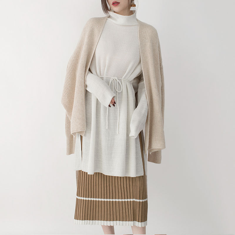 New beige winter sweater casual v neck tie waist knit sweat tops casual top