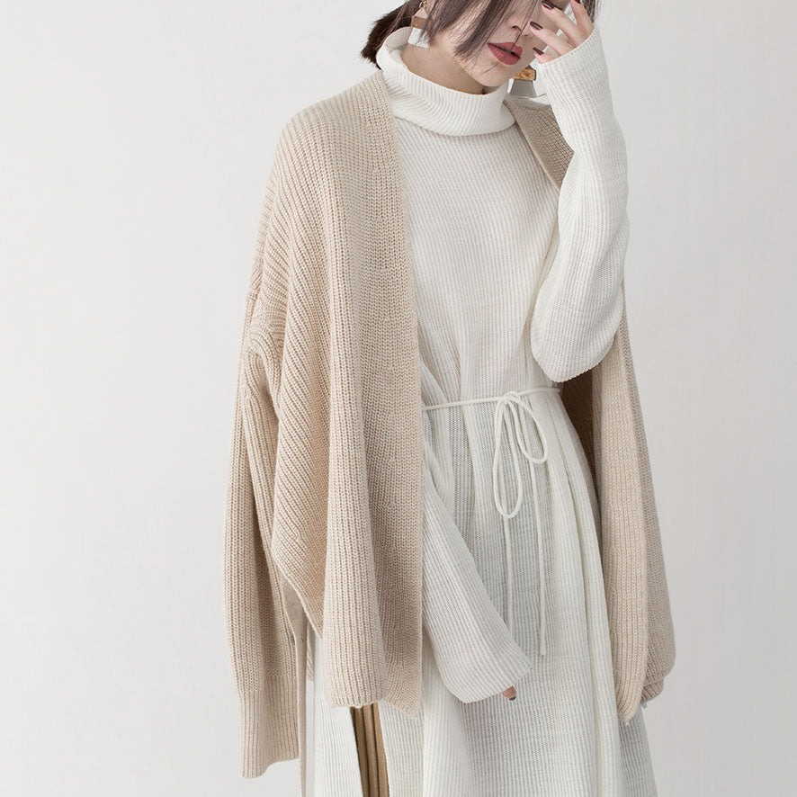 New beige winter sweater casual v neck tie waist knit sweat tops casual top