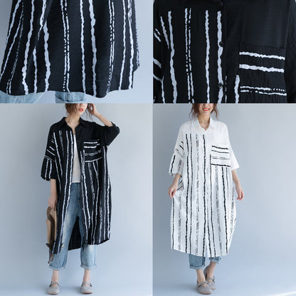 New black Midi-length cotton dress trendy plus size traveling dress 2018 bracelet sleeved patchwork Turn-down Collar striped cotton dresses
