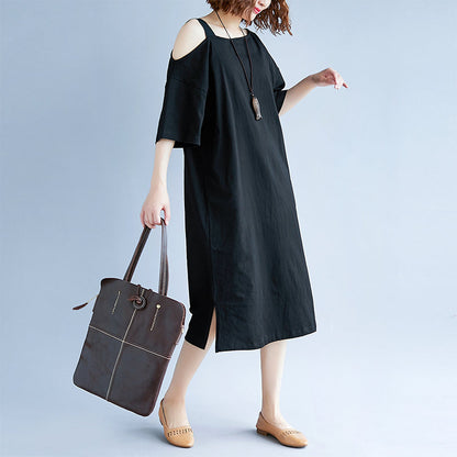 New black cotton dress plus size traveling dress boutique short sleeve baggy dresses o neck cotton clothing