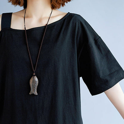 New black cotton dress plus size traveling dress boutique short sleeve baggy dresses o neck cotton clothing