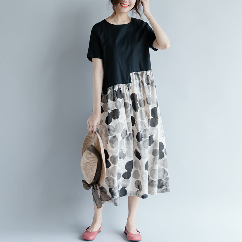 New black cotton linen dresses plus size clothing short sleeve print patchwork elegant o neck gown