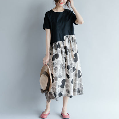 New black cotton linen dresses plus size clothing short sleeve print patchwork elegant o neck gown