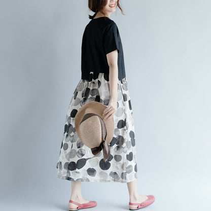 New black cotton linen dresses plus size clothing short sleeve print patchwork elegant o neck gown