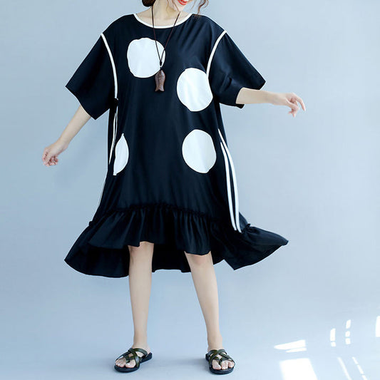 New black dotted cotton dresses plus size cotton clothing dresses vintage ruffles hem short sleeve cotton clothing dress