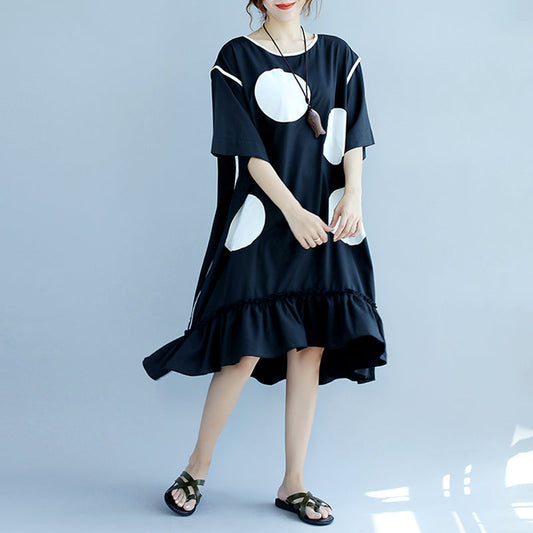 New black dotted cotton dresses plus size cotton clothing dresses vintage ruffles hem short sleeve cotton clothing dress