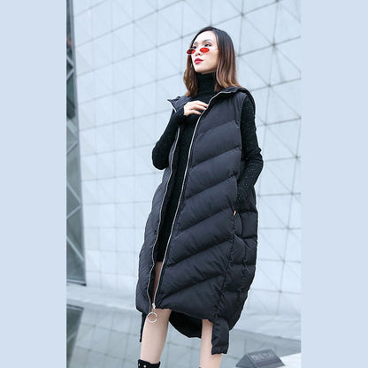 New black down tops trendy plus size hooded zippered down jacket Casual Sleeveless trench tops