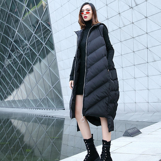 New black down tops trendy plus size hooded zippered down jacket Casual Sleeveless trench tops