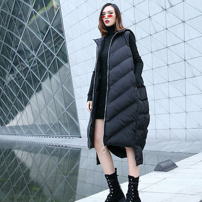 New black down tops trendy plus size hooded zippered down jacket Casual Sleeveless trench tops