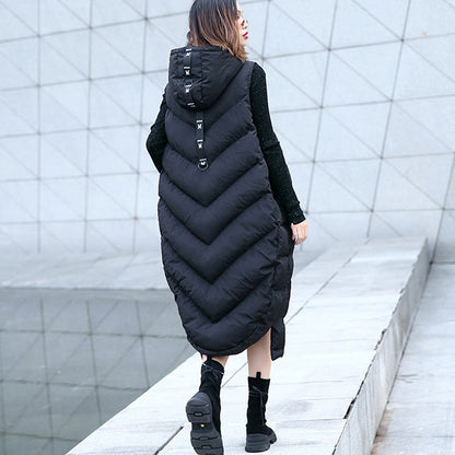 New black down tops trendy plus size hooded zippered down jacket Casual Sleeveless trench tops
