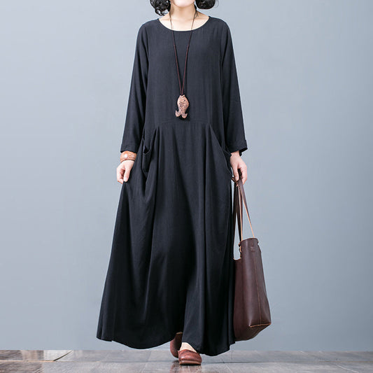 New black fall dress plus size O neck pockets traveling clothing boutique long sleeve autumn dress