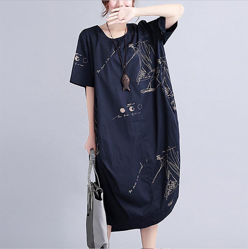 New Black Linen Knee Dress Oversized Linen Clothing Dress 2025 Short Sleeve Prints Linen Cotton Dress