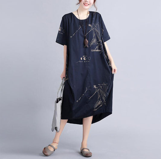 New Black Linen Knee Dress Oversized Linen Clothing Dress 2025 Short Sleeve Prints Linen Cotton Dress